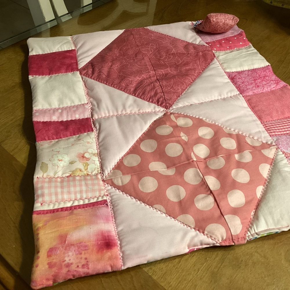NWOT. Hand Crafted Pinks Doll/Toy Animal Quilt and Pillow Set
